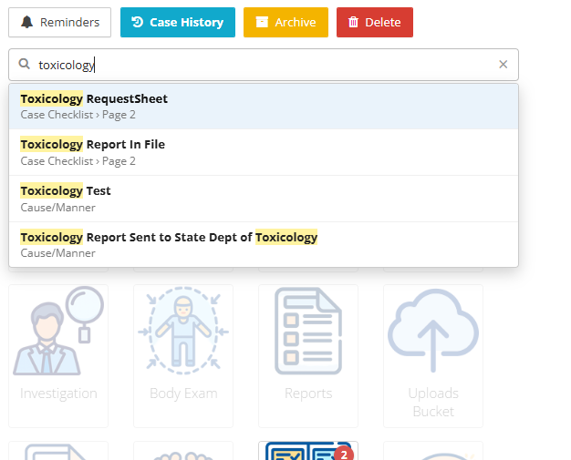 Case Menu field search