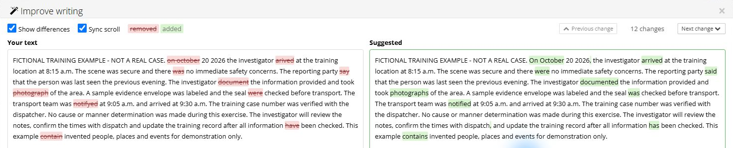 Side-by-side narrative writing review with suggested changes highlighted