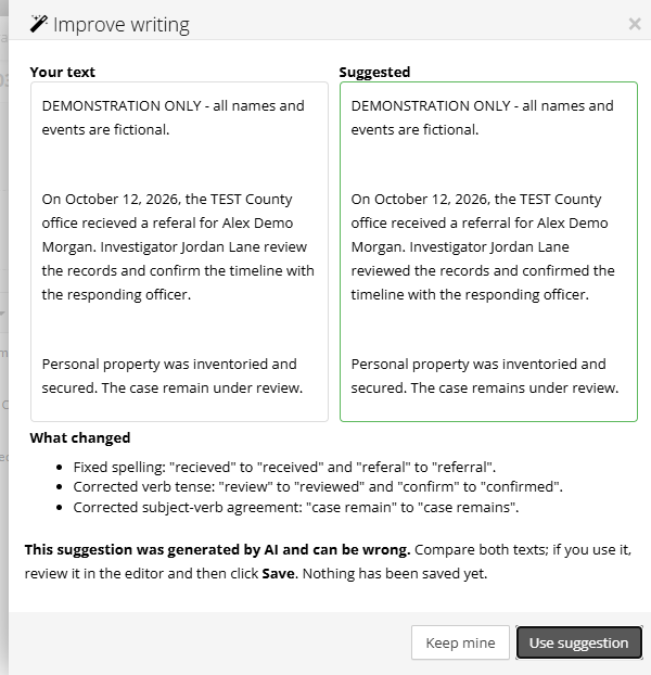 Narrative editor showing suggested writing changes for review
