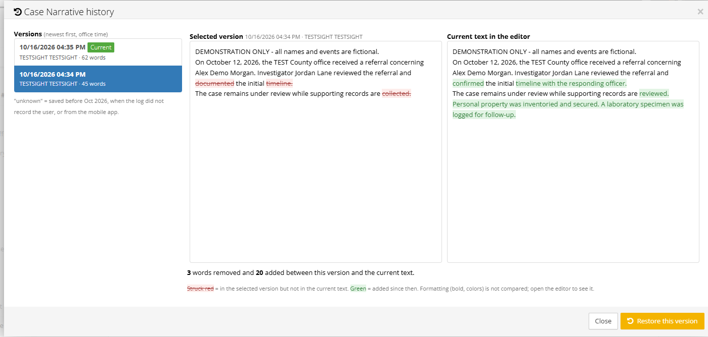 Case Narrative history comparison showing additions and removals