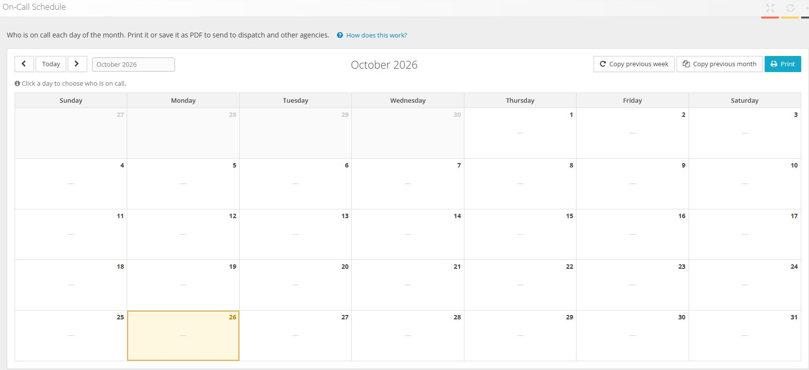 Empty monthly On-Call Schedule calendar before assignments in a fictional test office