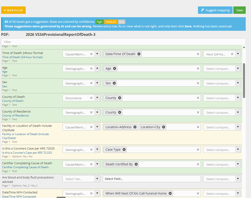 Print Forms administration screen showing AI-proposed mappings between PDF fields and case fields