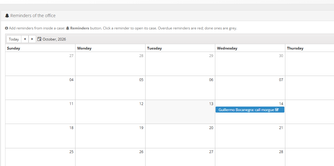 Cropped office calendar showing a fictional case reminder