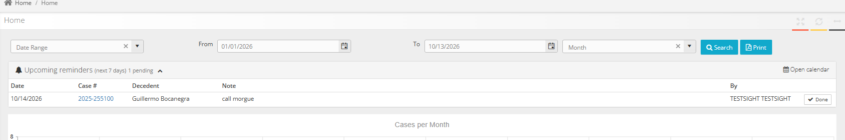 Home panel listing fictional case reminders for the next seven days