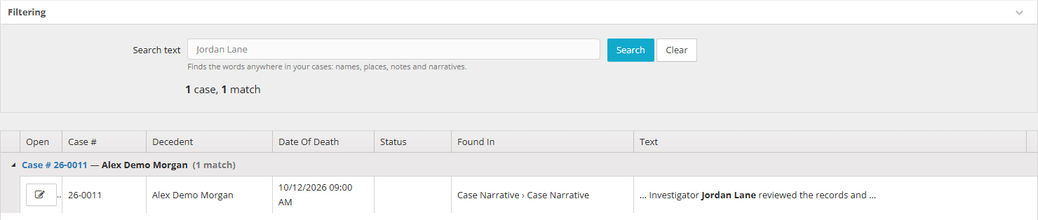 Search Cases screen with matching records