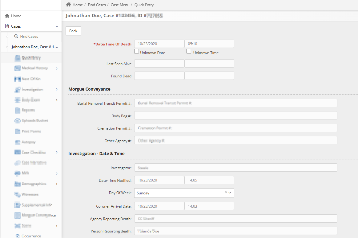 Screenshot of quick data entry form in Coroner Files
