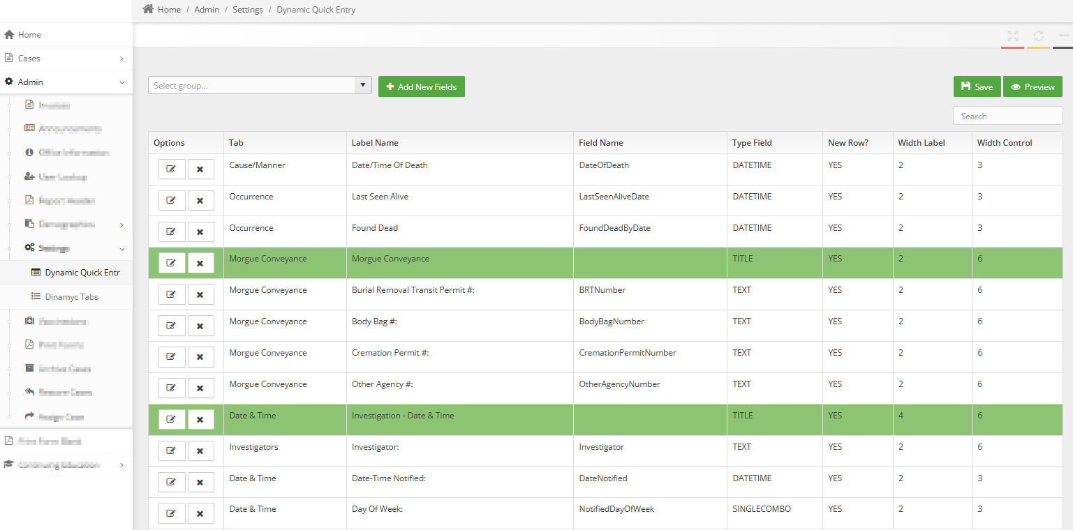 Screenshot of quick data entry form in Coroner Files