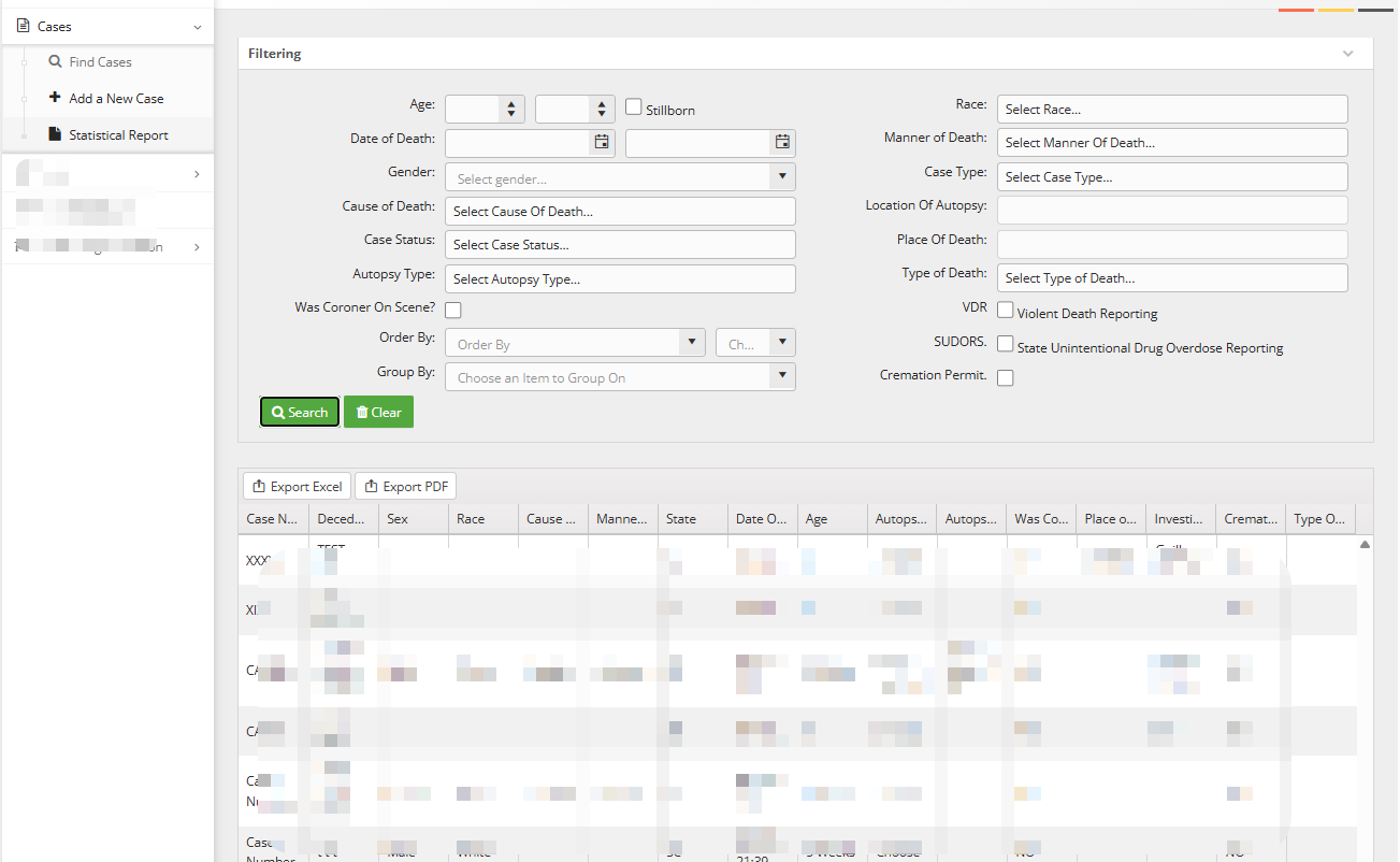 Screenshot of statistical report form in Coroner Files