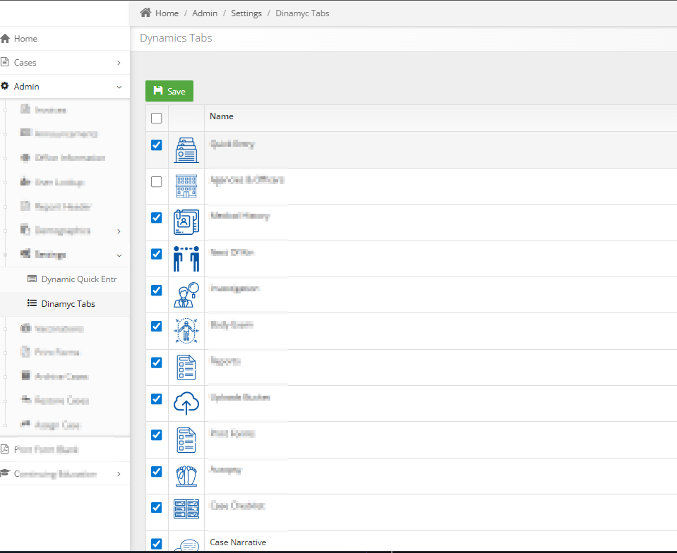 Screenshot of custom case tabs order in Coroner Files